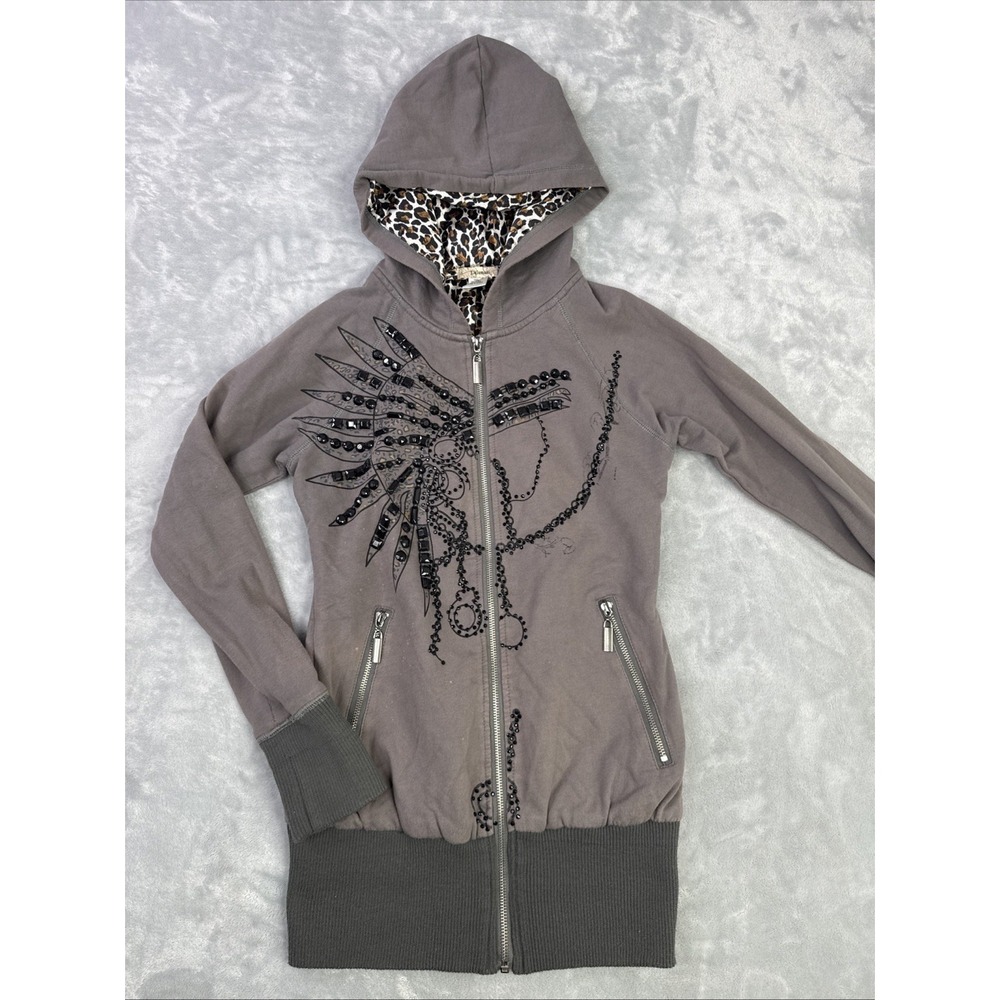 Lulumari studded hoodie sweatshirt leopard print Inner hood Women's Sz S Y2K